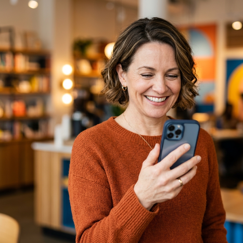 Mulher sorrindo e segurando o celular